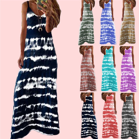 Strap And Horizontal Print Tank Top Dress