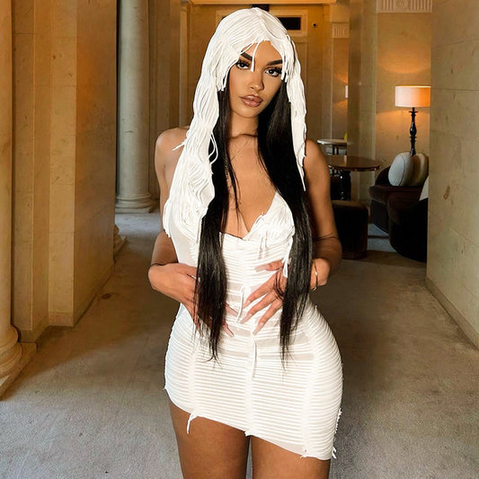 New Solid Color Casual Sleeveless Hooded Tassel Slim Short Dress