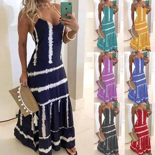Tie-dye Long Sexy Dress With Printed Suspenders